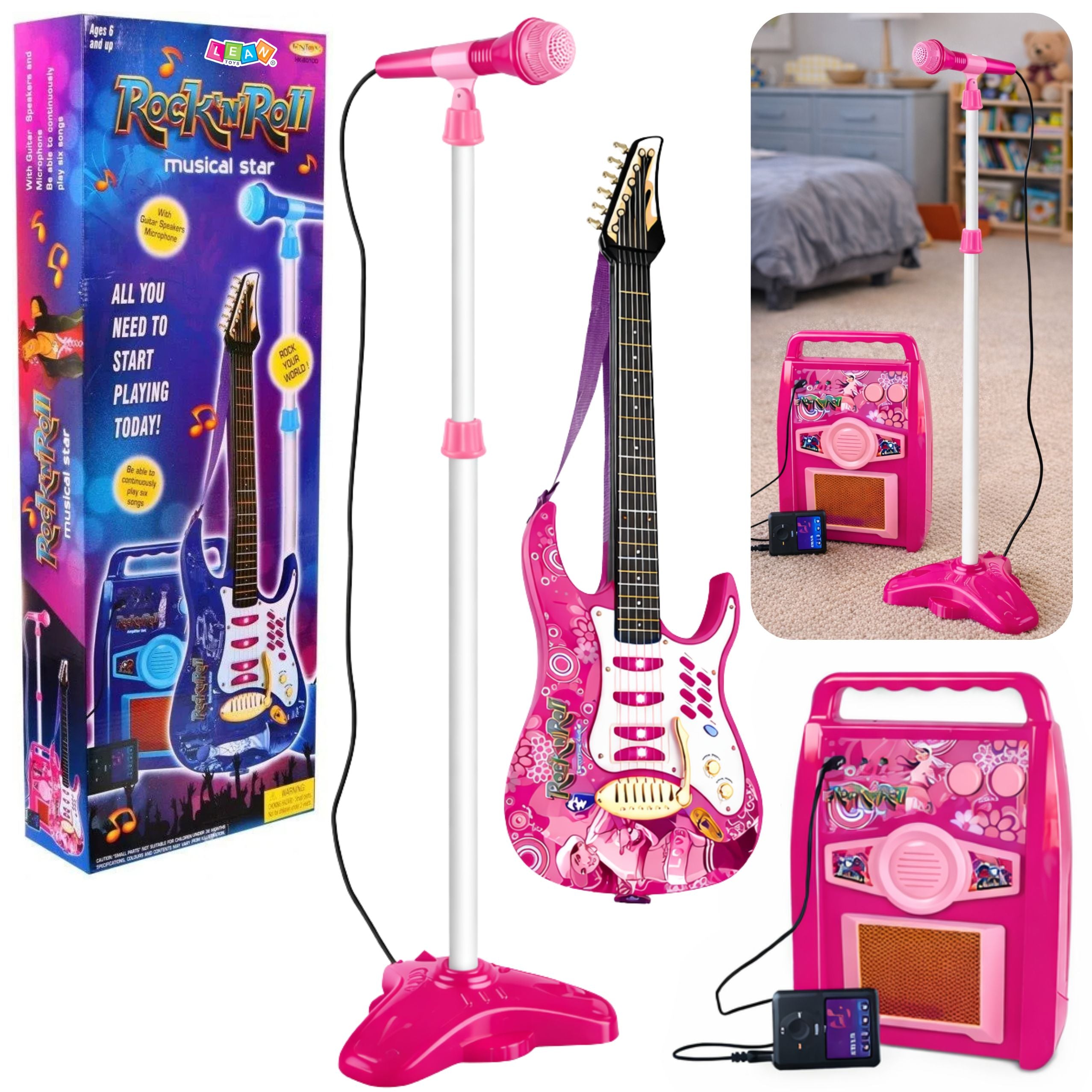 Pink Electric Guitar With Microphone And Amplifier