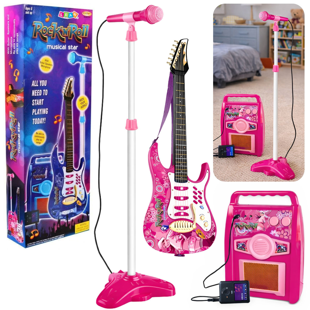 Pink Electric Guitar With Microphone And Amplifier