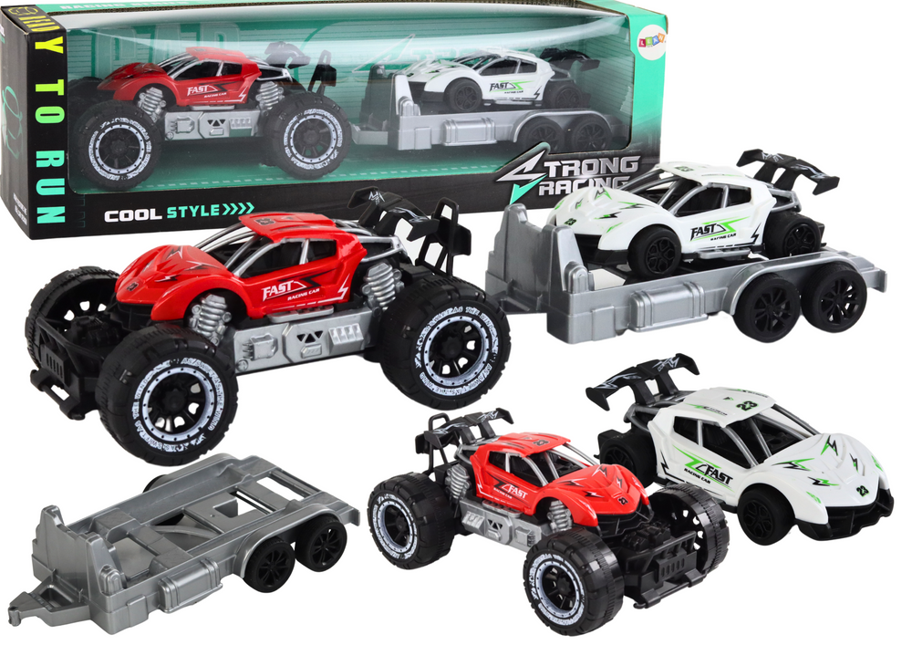 Set Of Red Off-road Car And White Sports Car Tow Truck