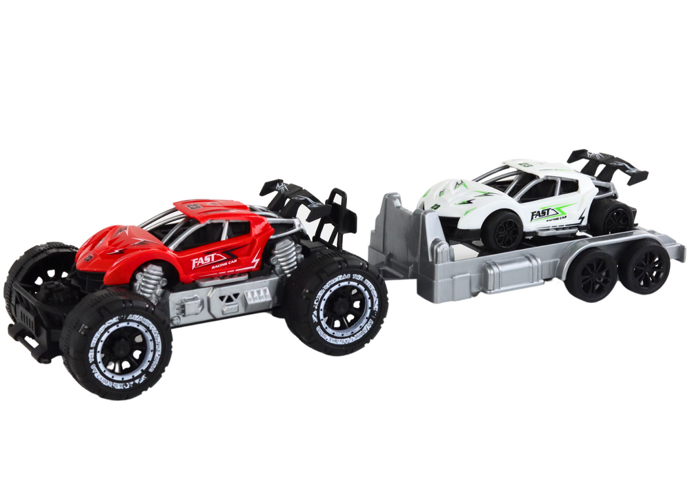 Set Of Red Off-road Car And White Sports Car Tow Truck