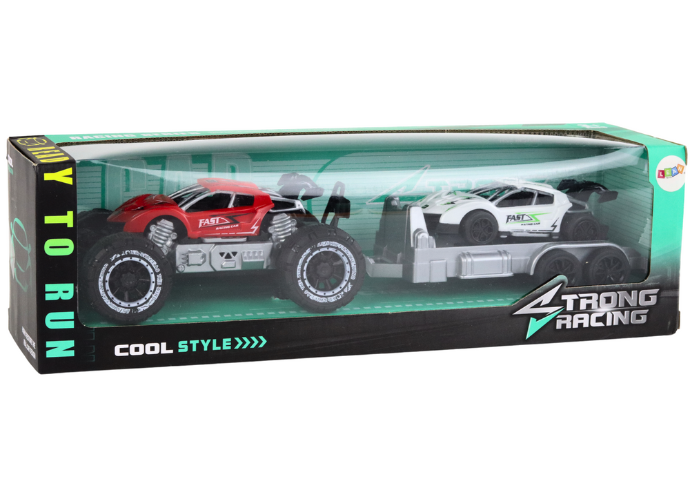 Set Of Red Off-road Car And White Sports Car Tow Truck