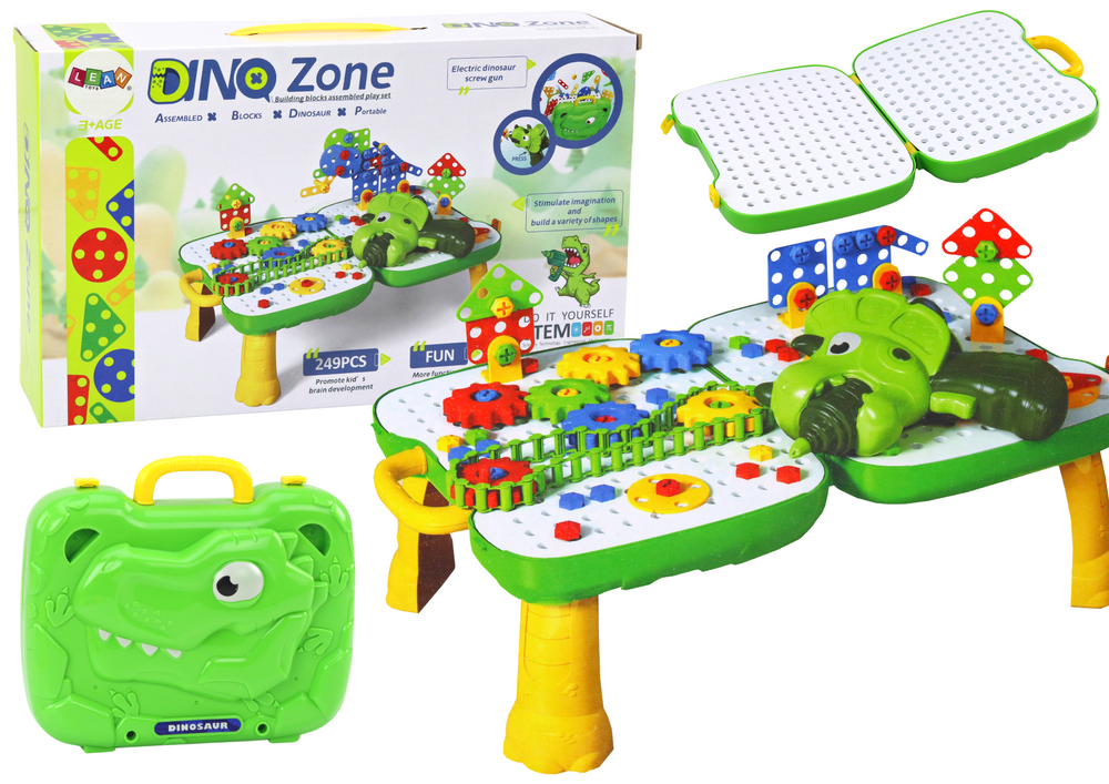 Table Suitcase Diy Set Puzzle Blocks Dinosaur Screwdriver 249 Pieces.