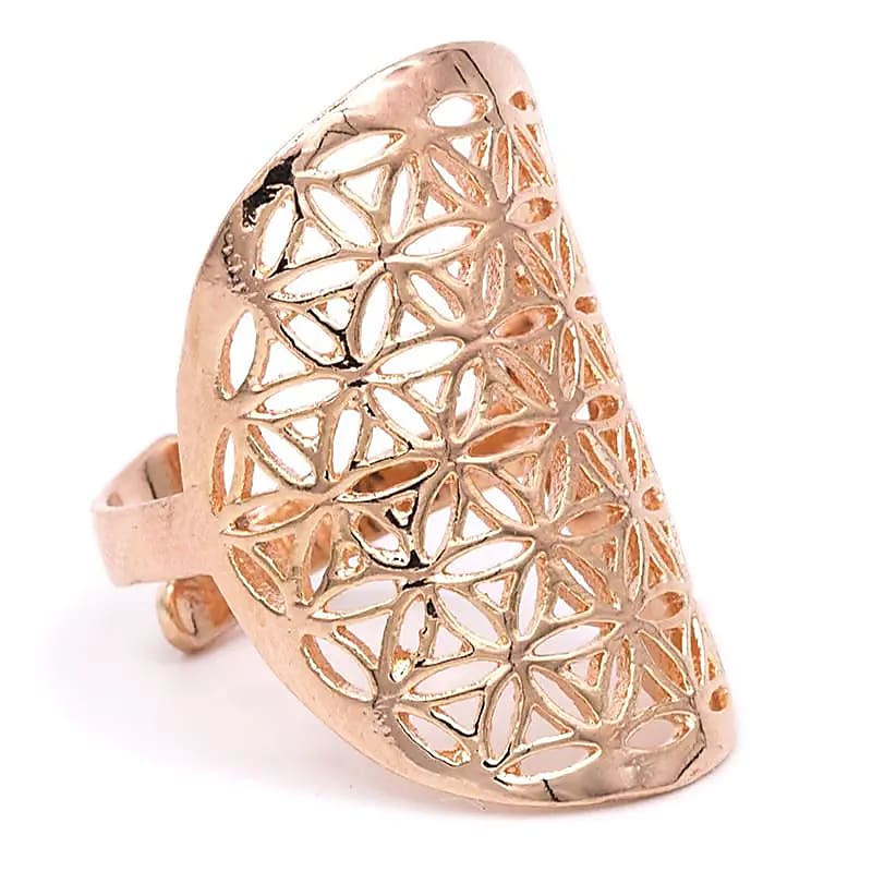 Anel Flor da Vida Latão Cor Rosa Ouro - 3x2 Cm Pacote de 2 Peças