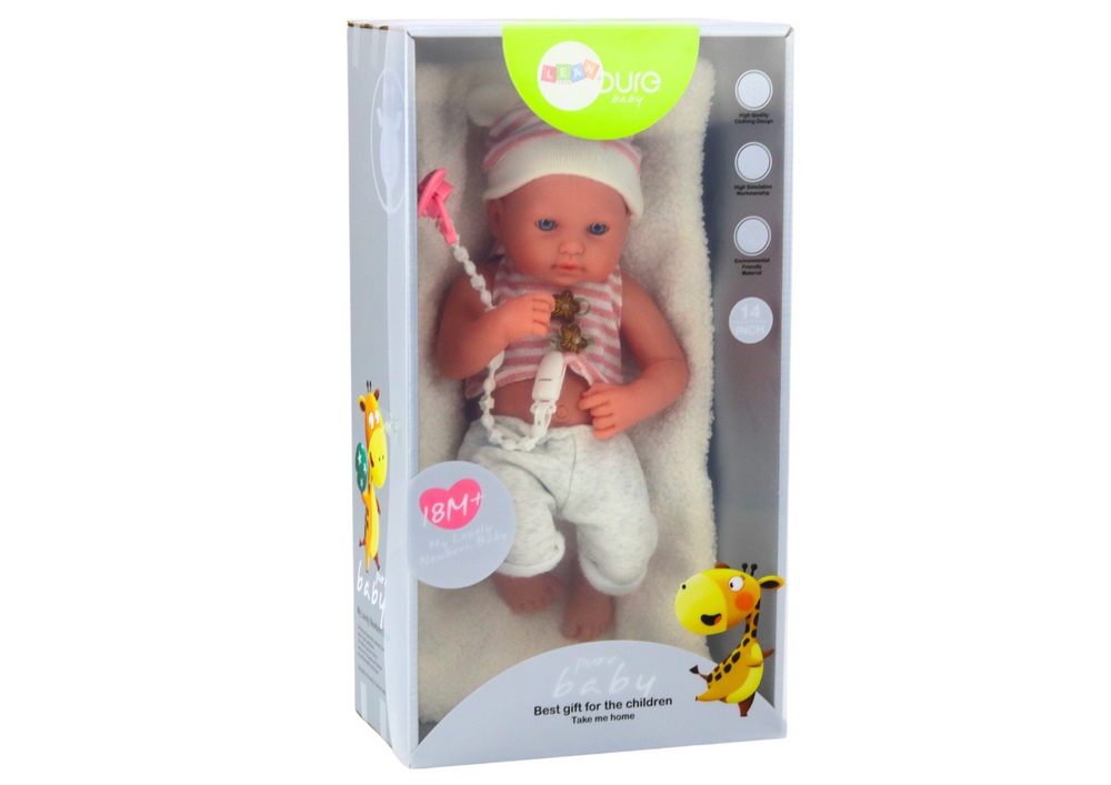 Baby Doll In White And Pink Clothes Hat Pacifier And Blanket