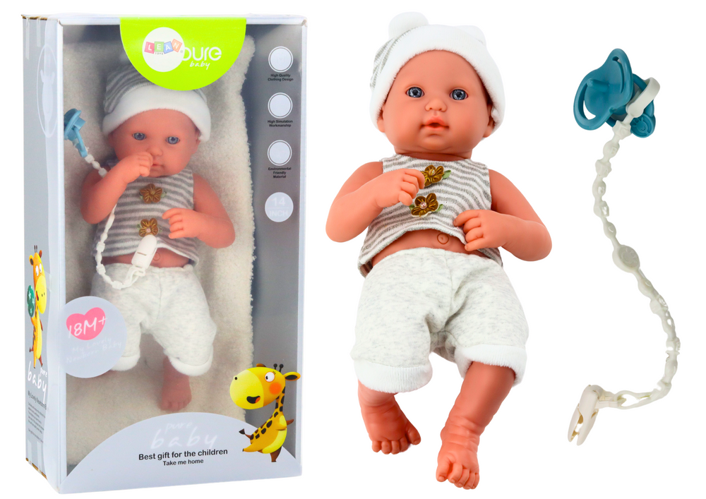 Baby Doll In White And Gray Clothes Hat Pacifier And Blanket