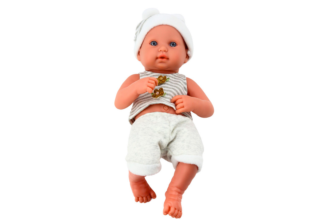 Baby Doll In White And Gray Clothes Hat Pacifier And Blanket