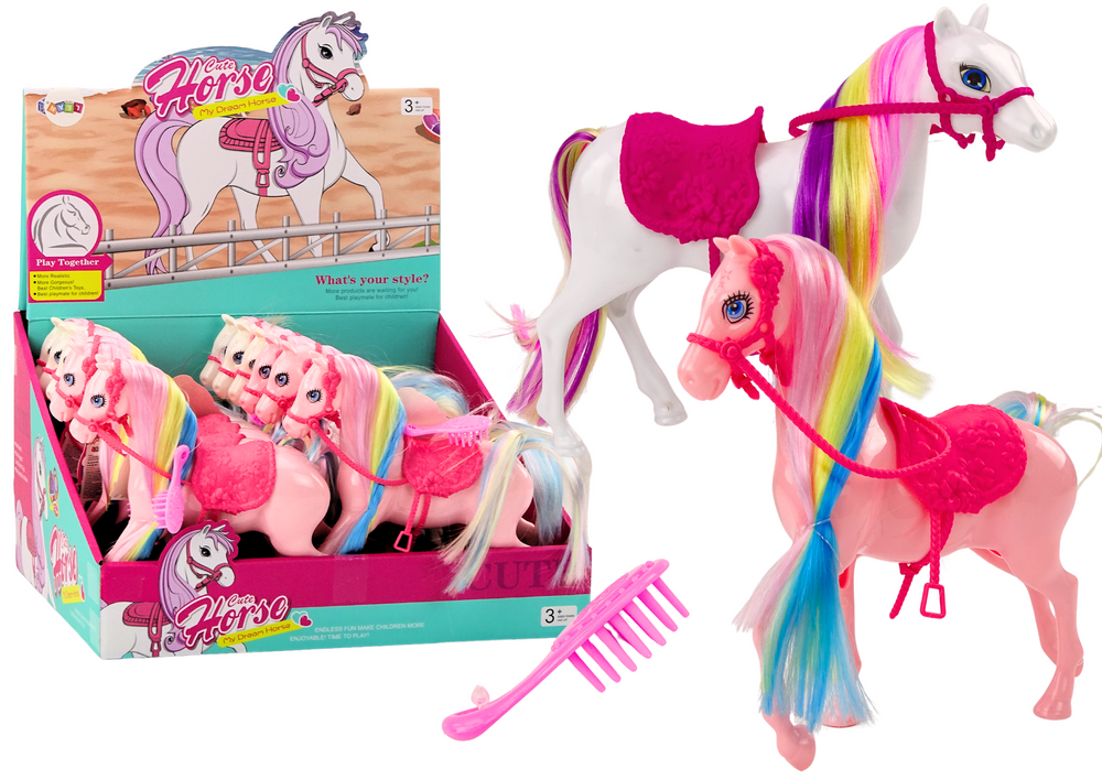 Beeldje Paard Met Kleurrijke Manen Zadelborstel Wit Roze