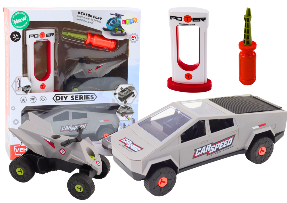 Set Of Modern Car With Quad For Disassembly Diy Gray