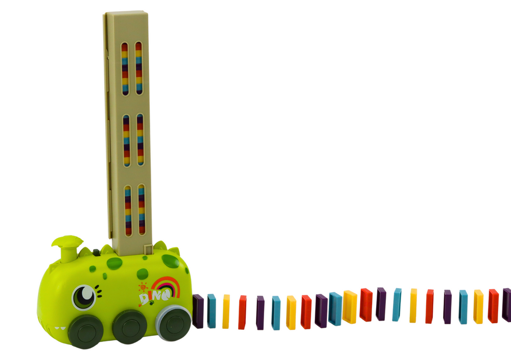 Battery-operated Green Dinosaur Car Arranging Colorful Dominoes 4 Colors Of Blocks