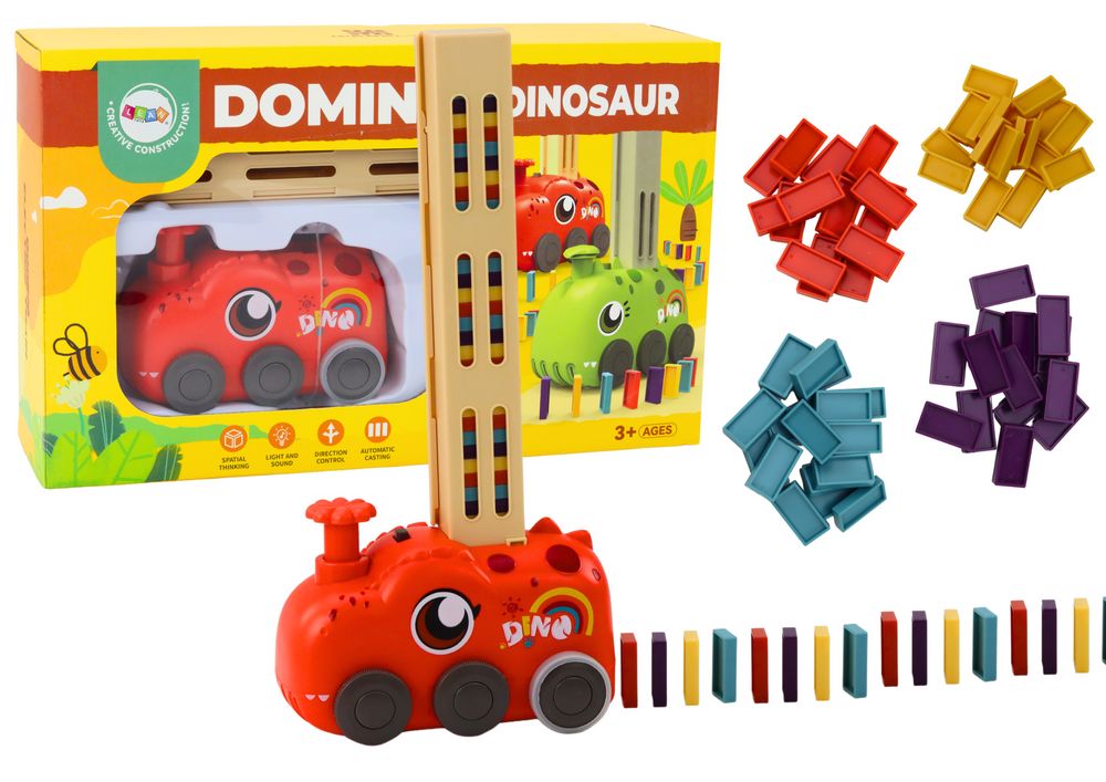 Red Dinosaur Battery Operated Car Arranging Colorful Dominoes 4 Colors Of Blocks
