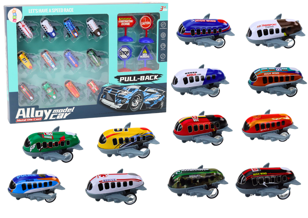 Set Of 12 Toy Cars Powered Planes 5cm Road Signs