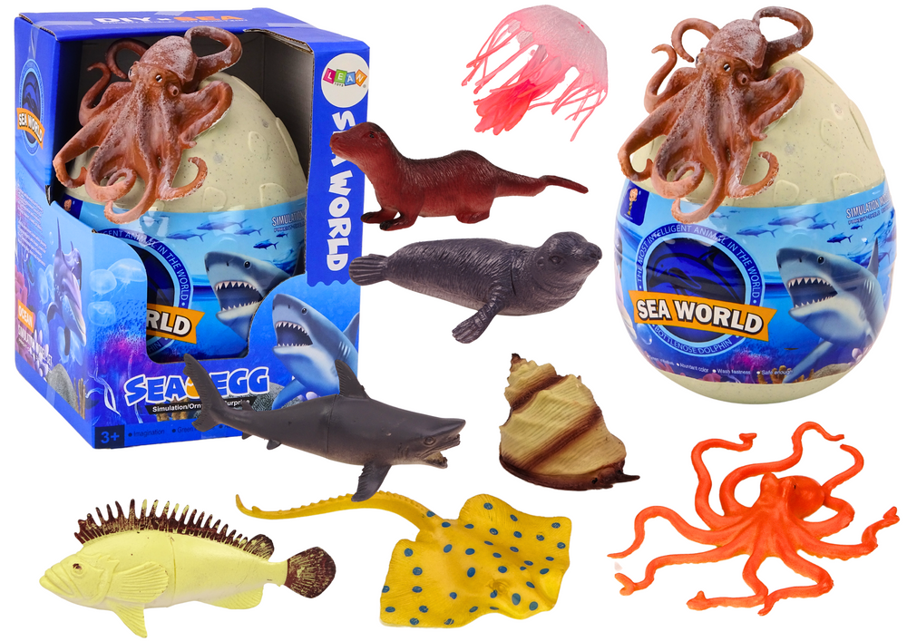 Egg With Figurines Of Marine Animals Plants And Octopus. Set Of 26 Pieces.