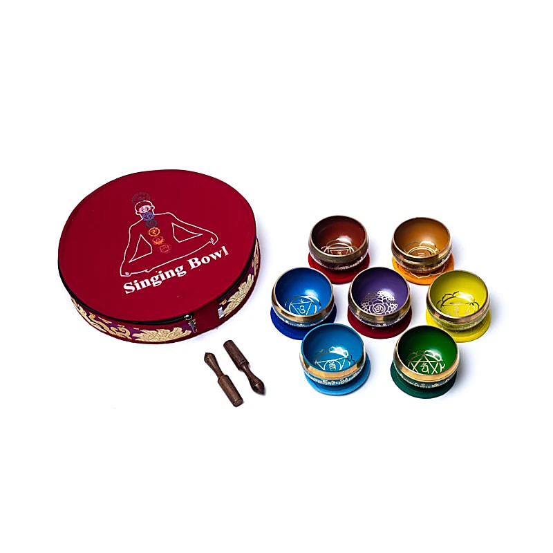 Conjunto de tigela de canto Chakra colorido com bolsa - ± 1450g