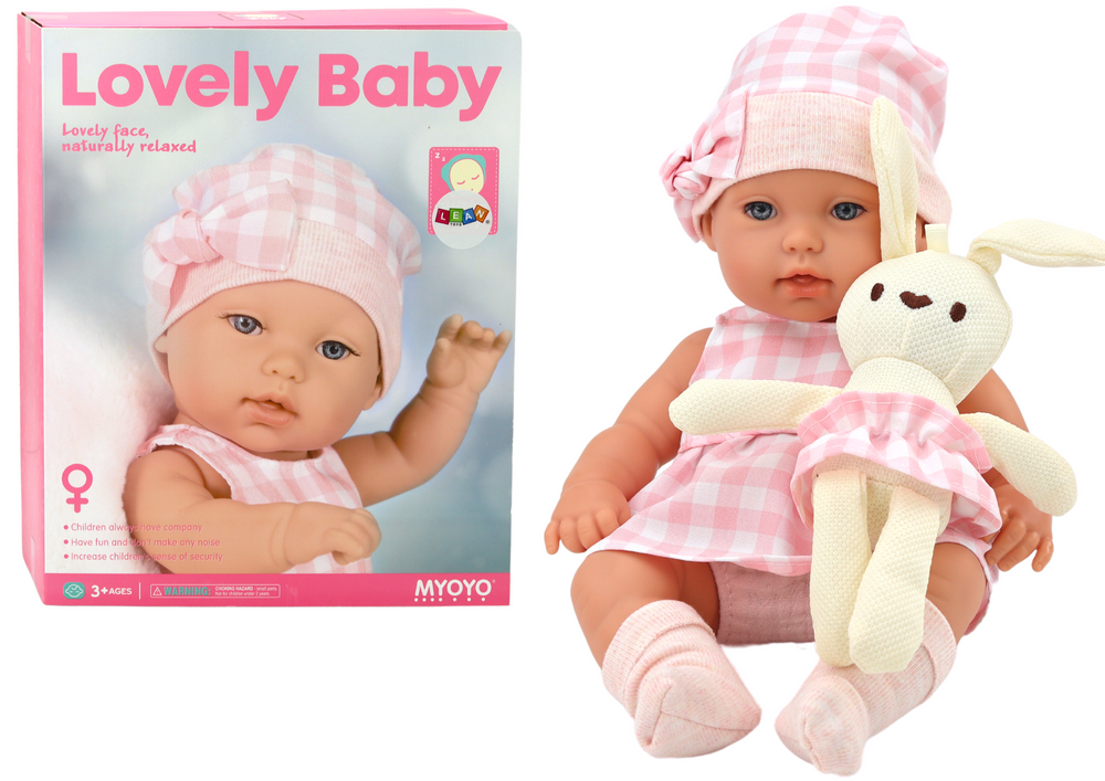 Baby Doll In A Bunny Carrier In A Pink Checkered Outfit