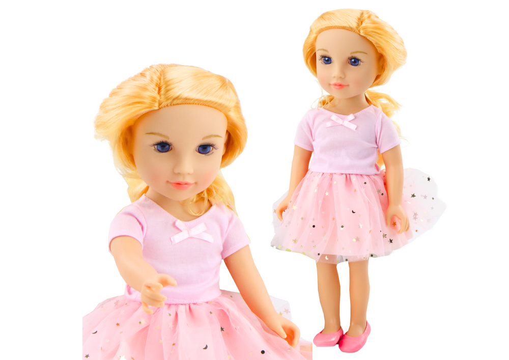 Doll In A Dress With Tulle Pink Blonde Hair
