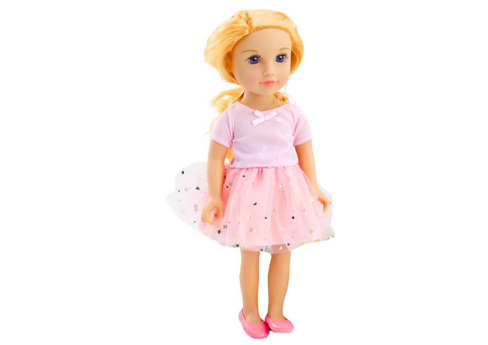 Doll In A Dress With Tulle Pink Blonde Hair