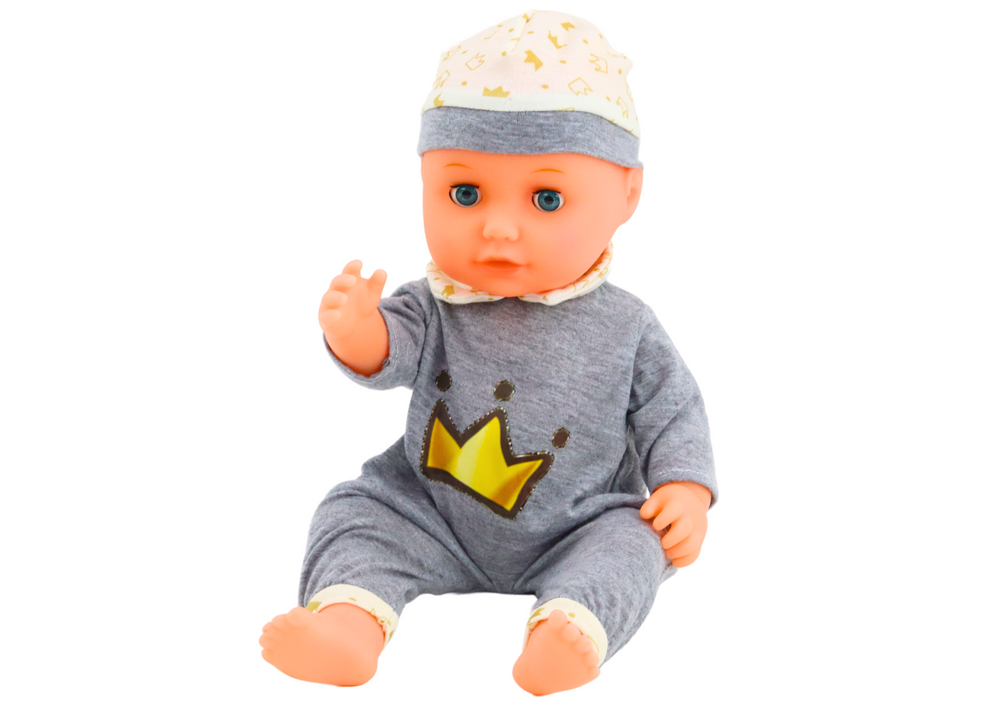 Baby Doll In Gray Pajamas Peeing Bottle Pacifier Sounds