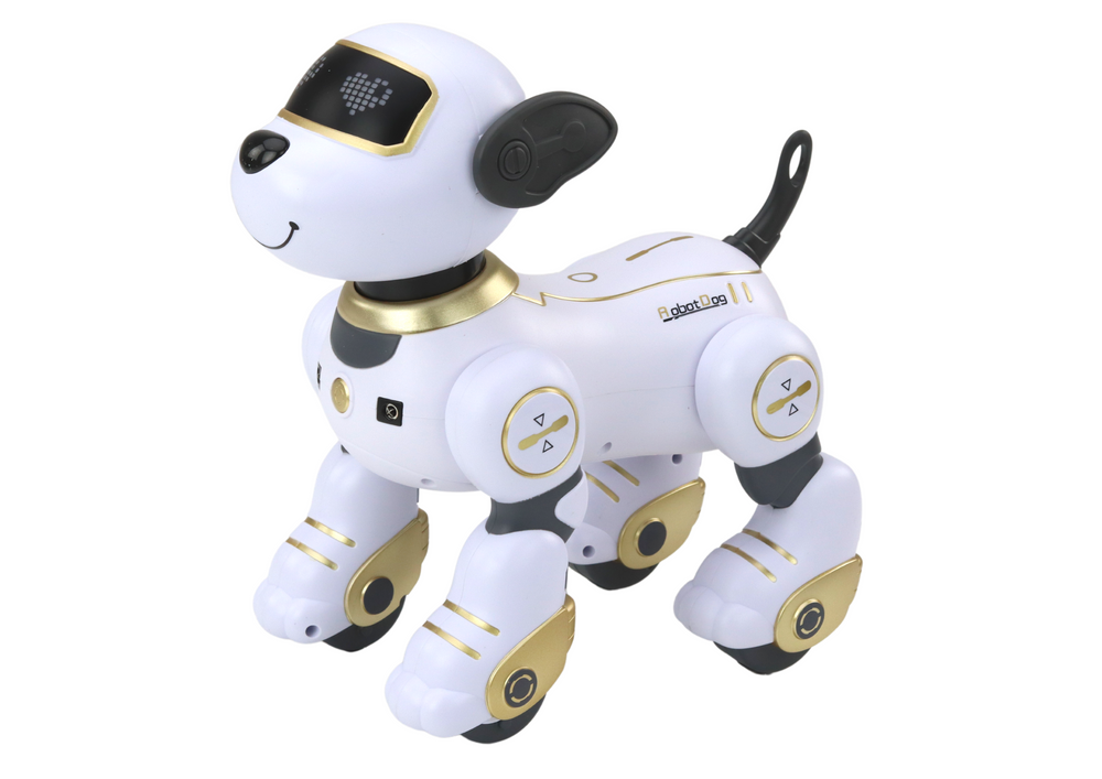 A dança interativa do cão-robô com controle remoto segue os comandos dourados