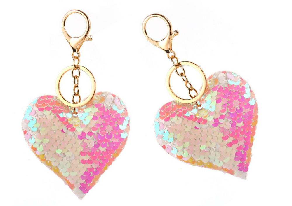 Heart Keychain Sequins Double-sided White Light Pink