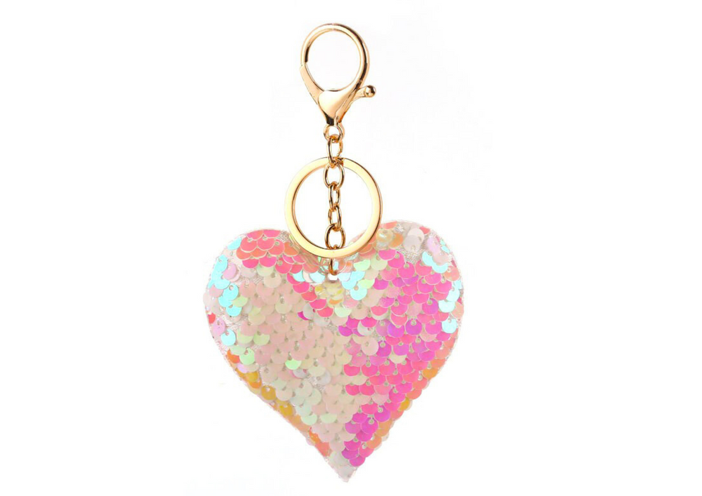 Heart Keychain Sequins Double-sided White Light Pink