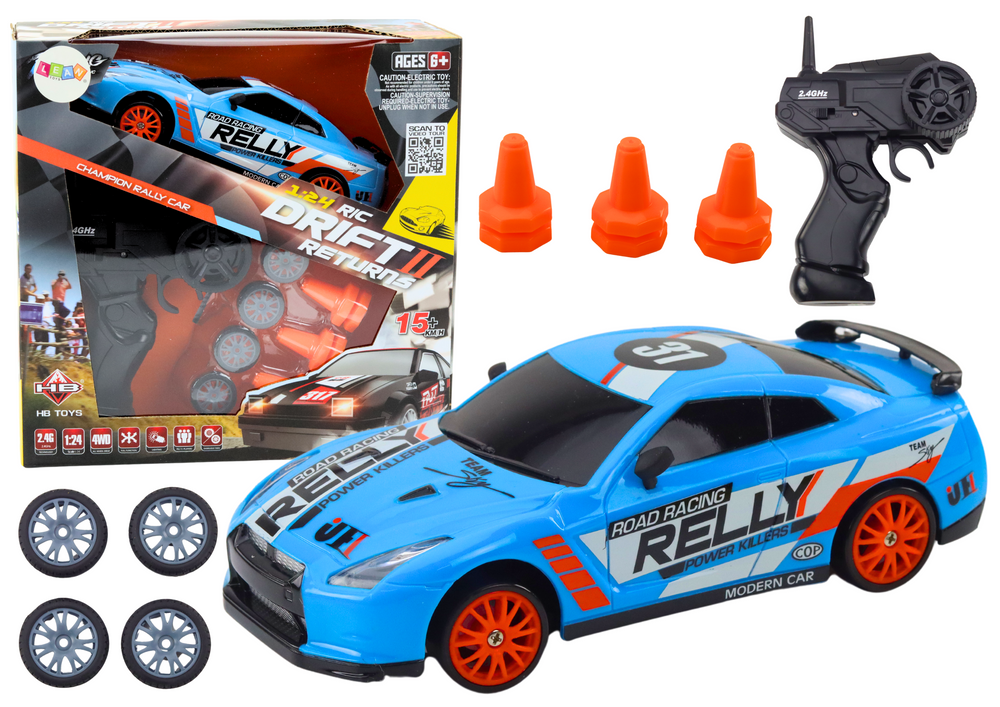 Remote Controlled R/c Sports Car 1:24 Blue Interchangeable Wheels