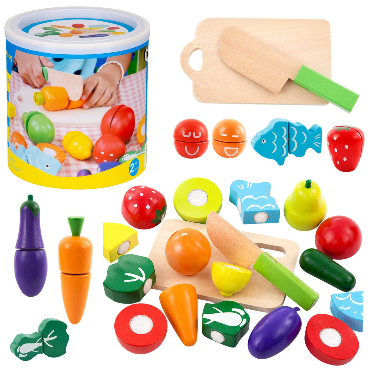 Vegetable And Fruit Chopping Set In A Bucket Board Knife Wooden