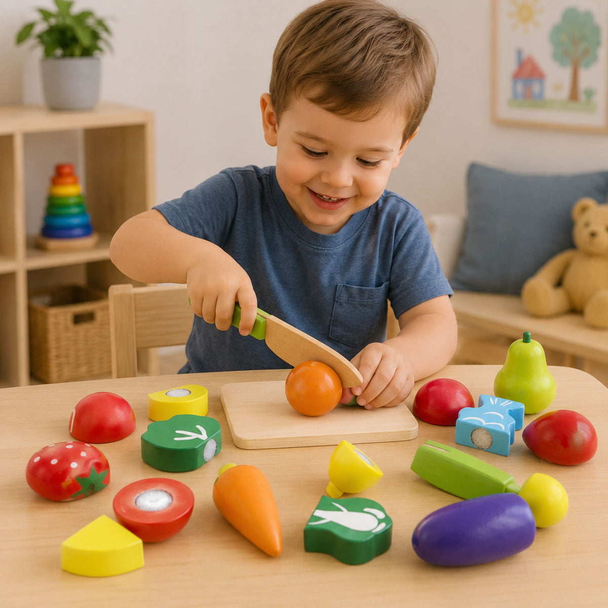 Vegetable And Fruit Chopping Set In A Bucket Board Knife Wooden