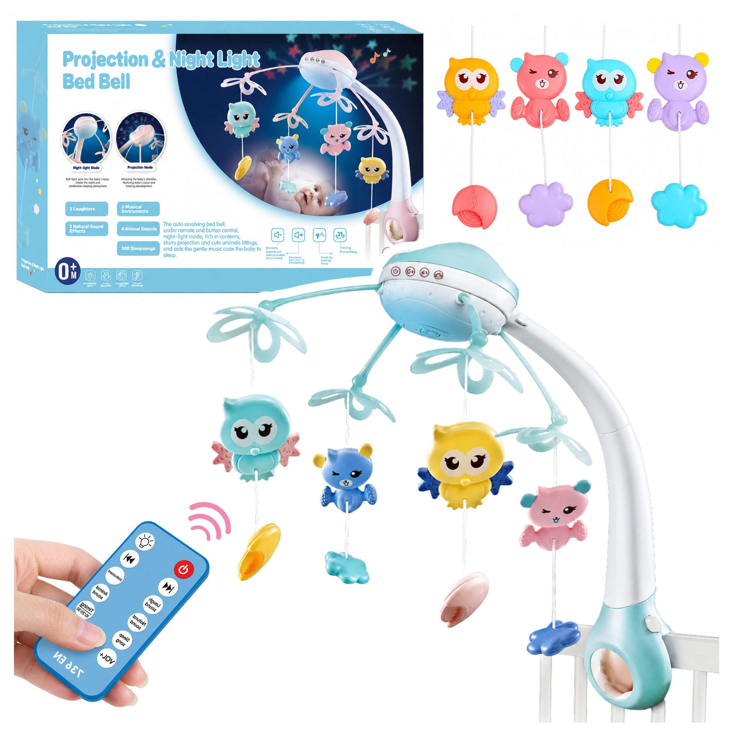 Crib Carousel Projector Remote Control Melodies Animal Sounds Blue