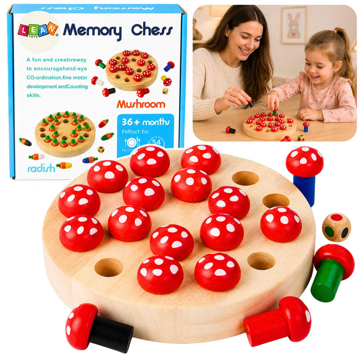Family Memory Game Toadstools Wooden