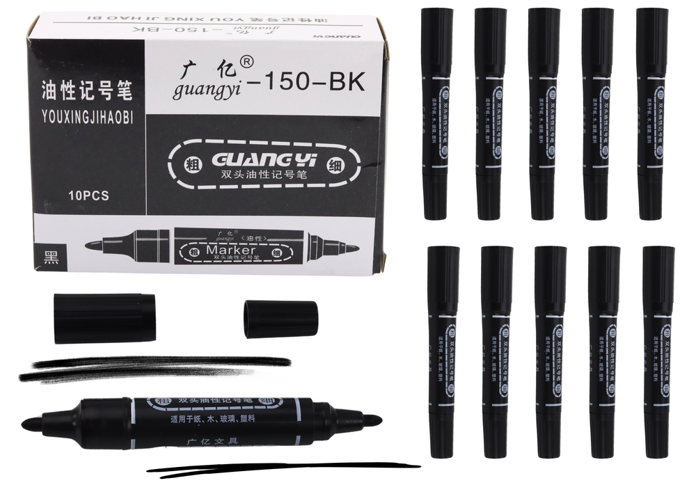Double-sided Waterproof Marker Set Black 10pcs.