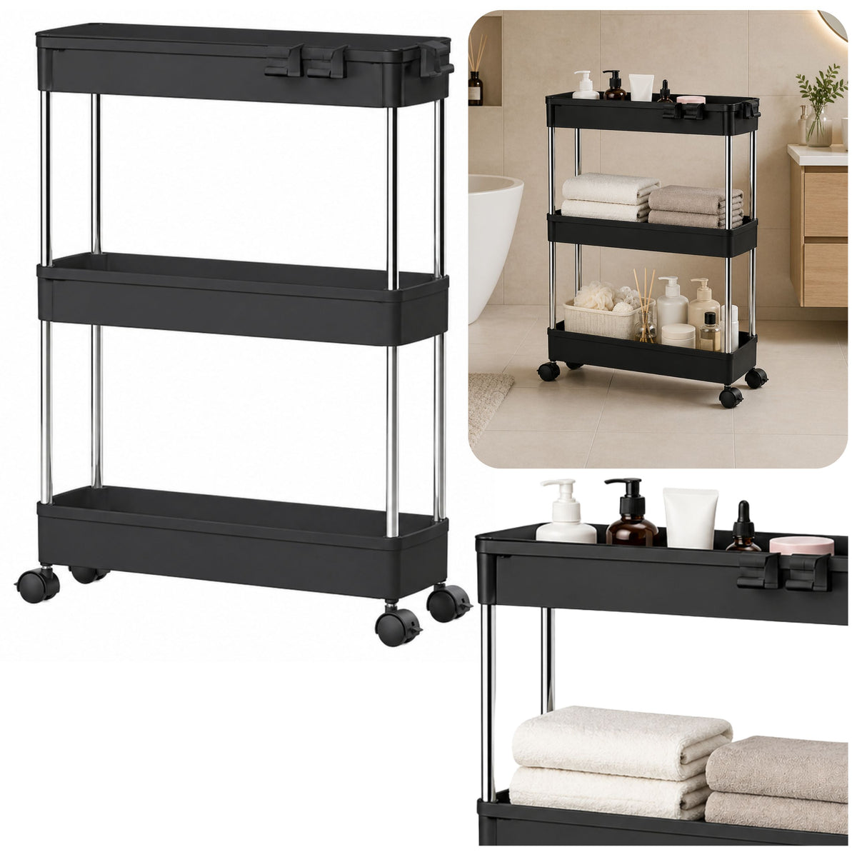 Multifunctional Mobile Shelf 3 Shelves On Wheels Black
