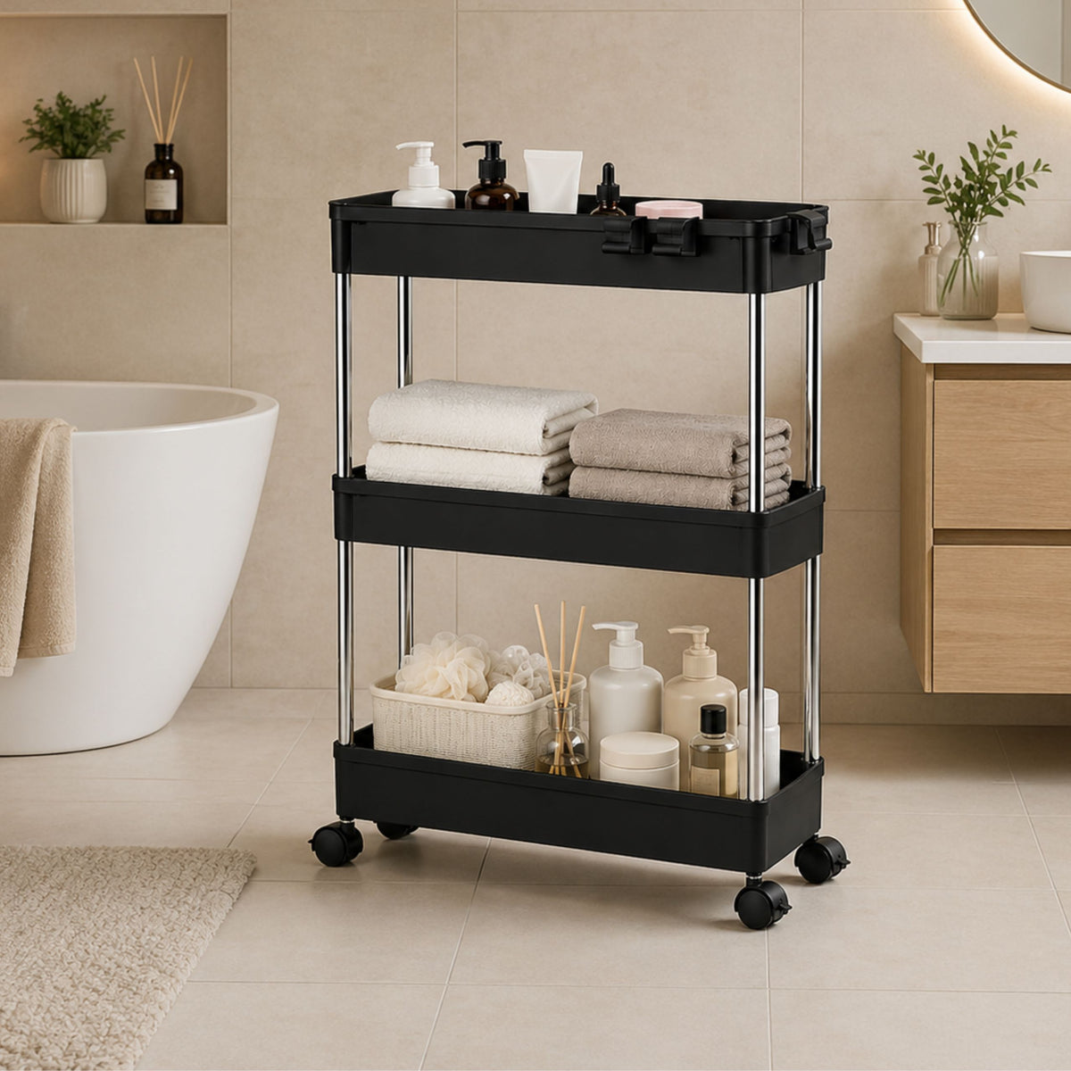 Multifunctional Mobile Shelf 3 Shelves On Wheels Black