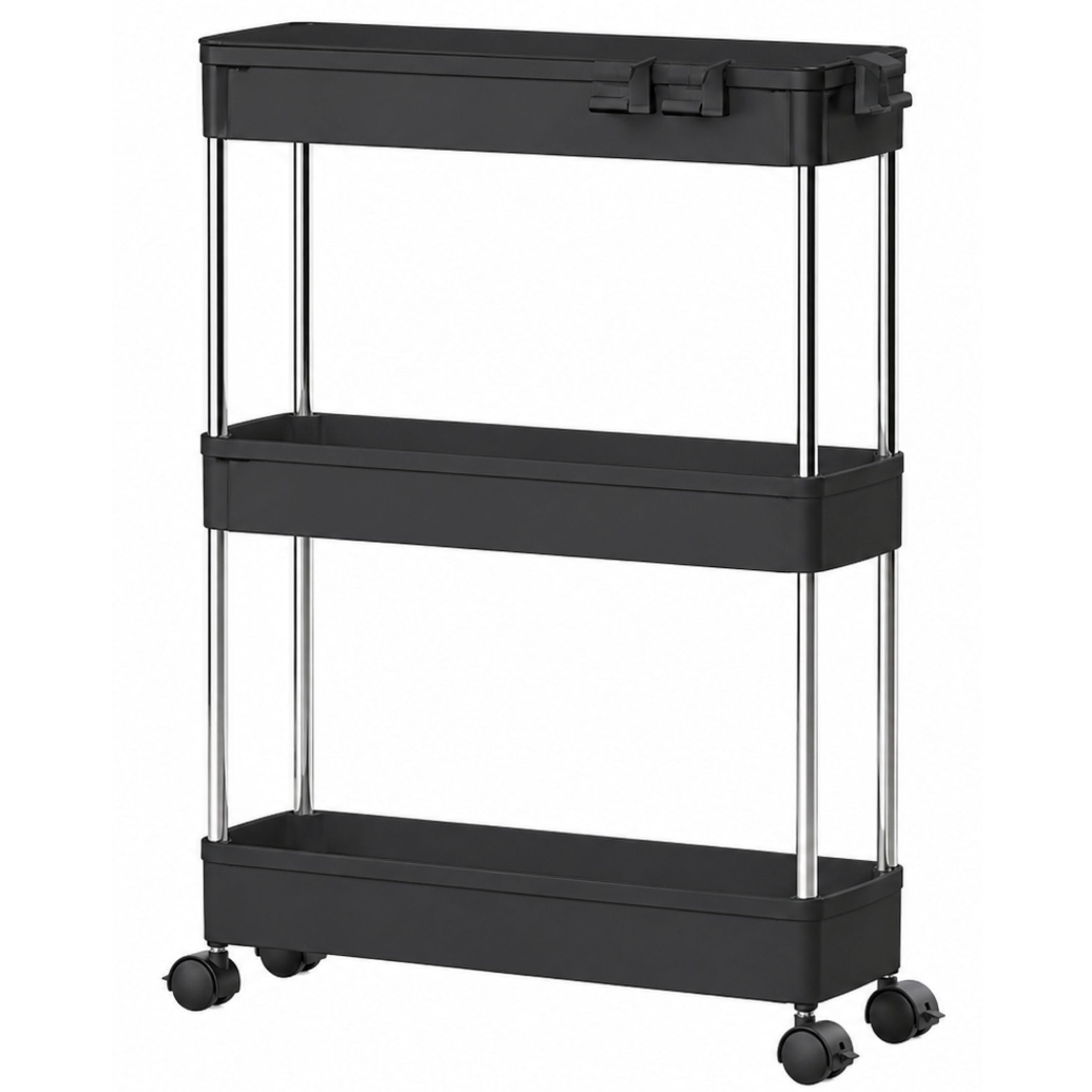 Multifunctional Mobile Shelf 3 Shelves On Wheels Black