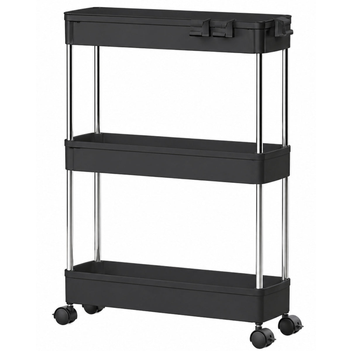 Multifunctional Mobile Shelf 3 Shelves On Wheels Black