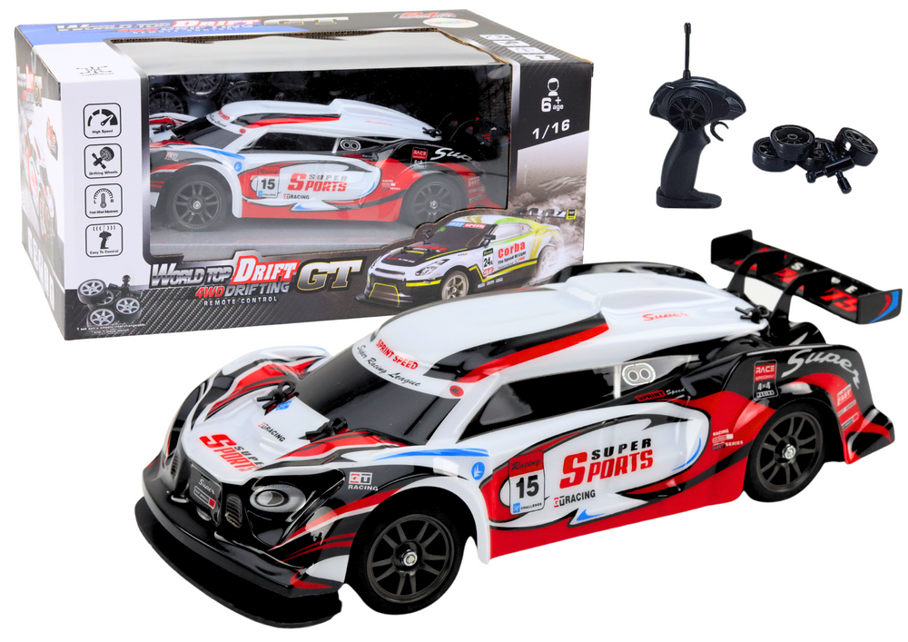 Rc Sports Car 1:16 Drift Interchangeable Wheels White And Red