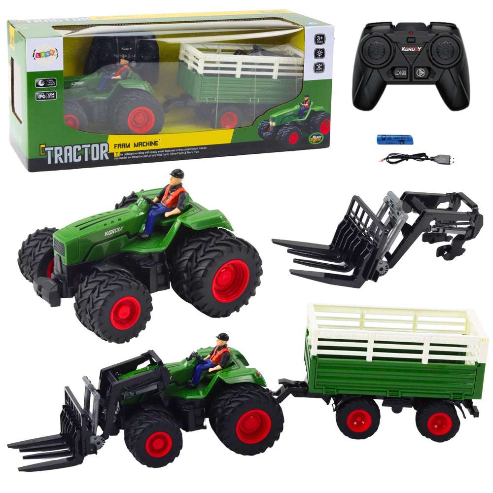 Rc Remote Controlled Agricultural Tractor With Trailer And Forks Double Wheels