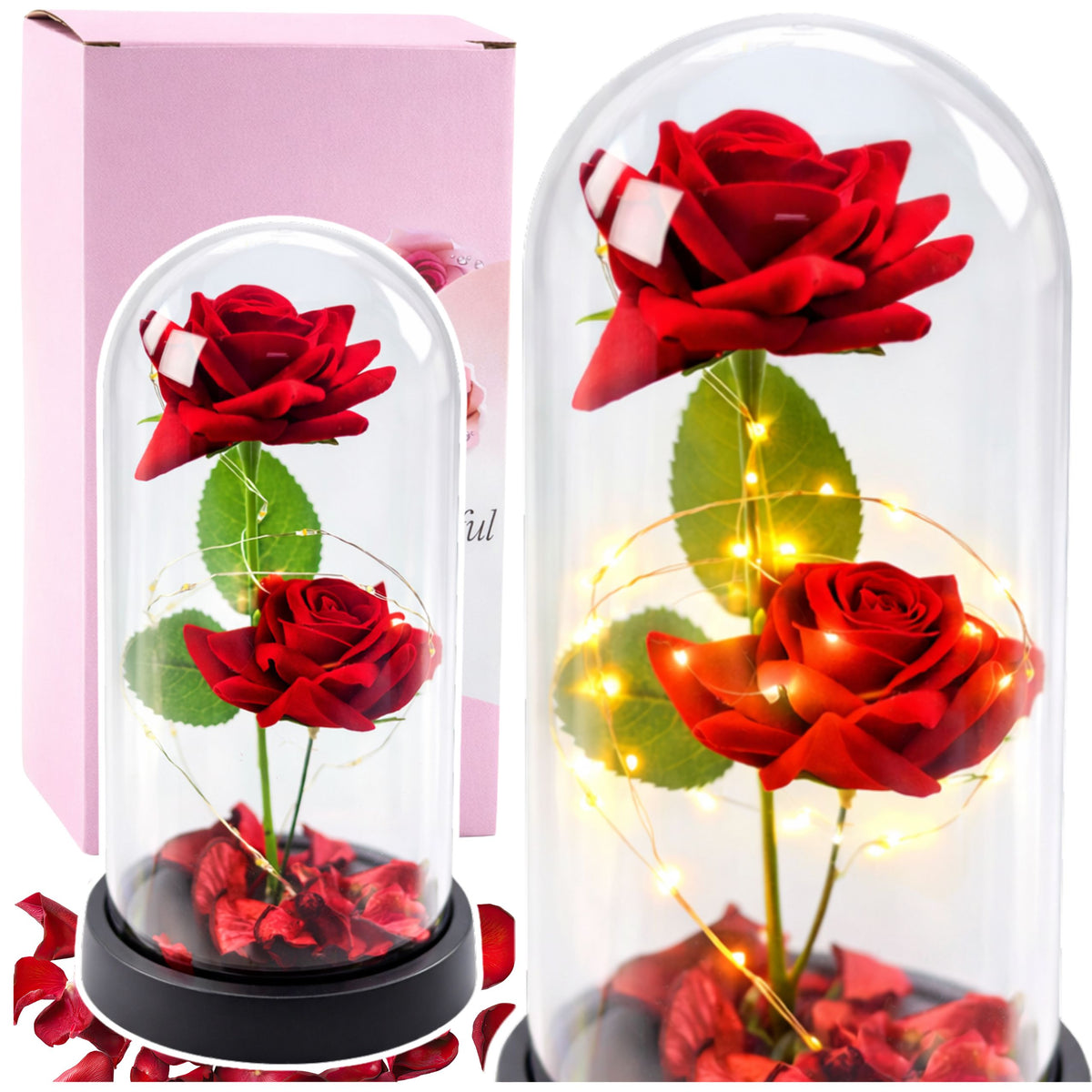 Eternal 2 Roses In Dome With Led Lighting And Rose Petals Red 21x11cm