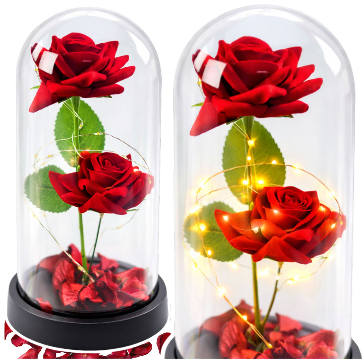 Eternal 2 Roses In Dome With Led Lighting And Rose Petals Red 21x11cm