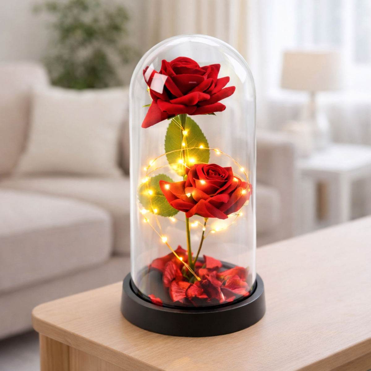Eternal 2 Roses In Dome With Led Lighting And Rose Petals Red 21x11cm