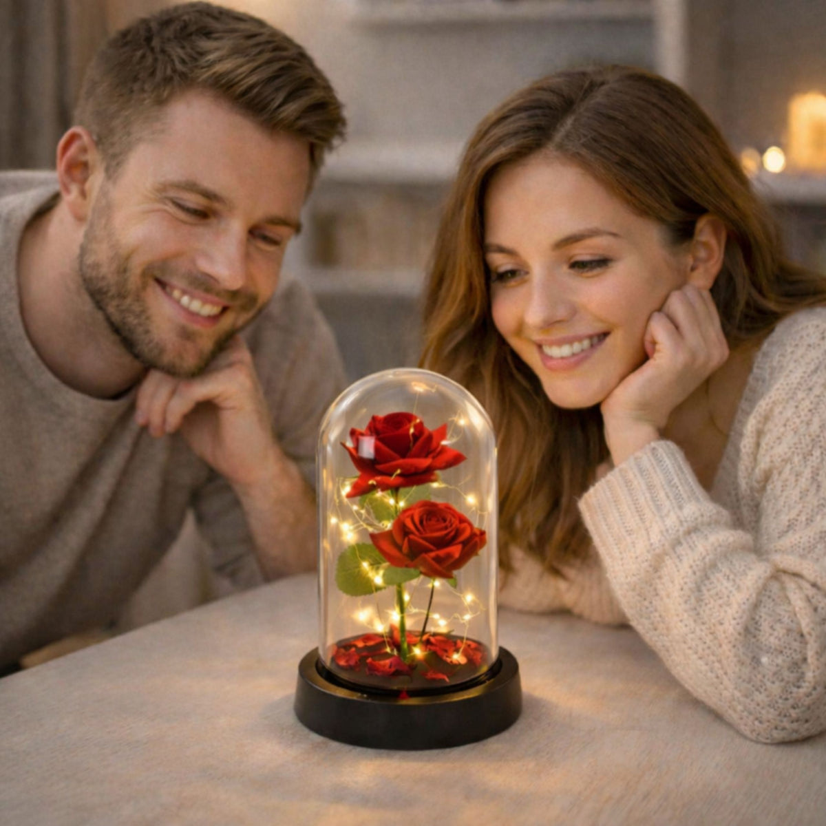 Eternal 2 Roses In Dome With Led Lighting And Rose Petals Red 21x11cm