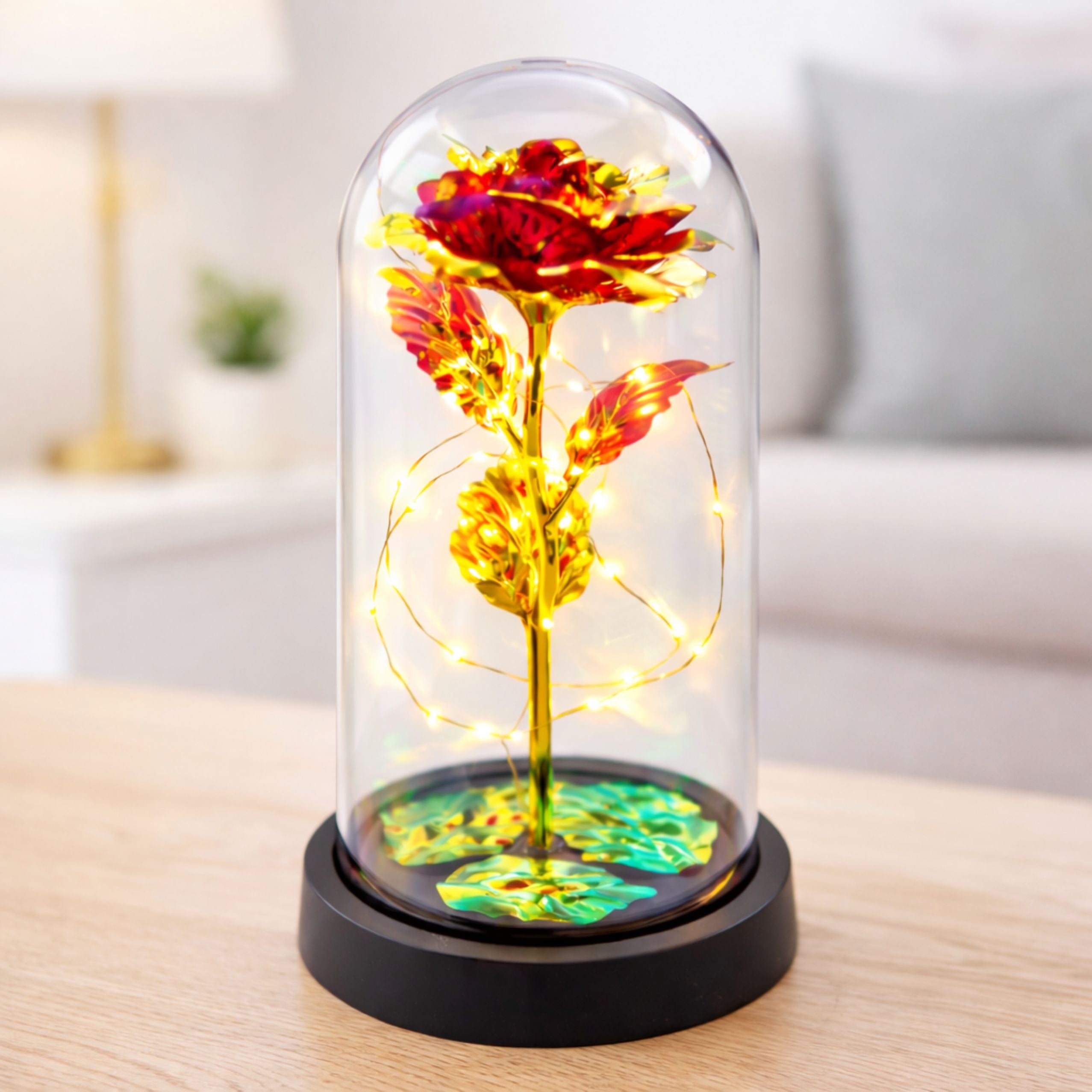 Eternal Rose In Glass Crystal Dome Led Lighting Red 21x11cm