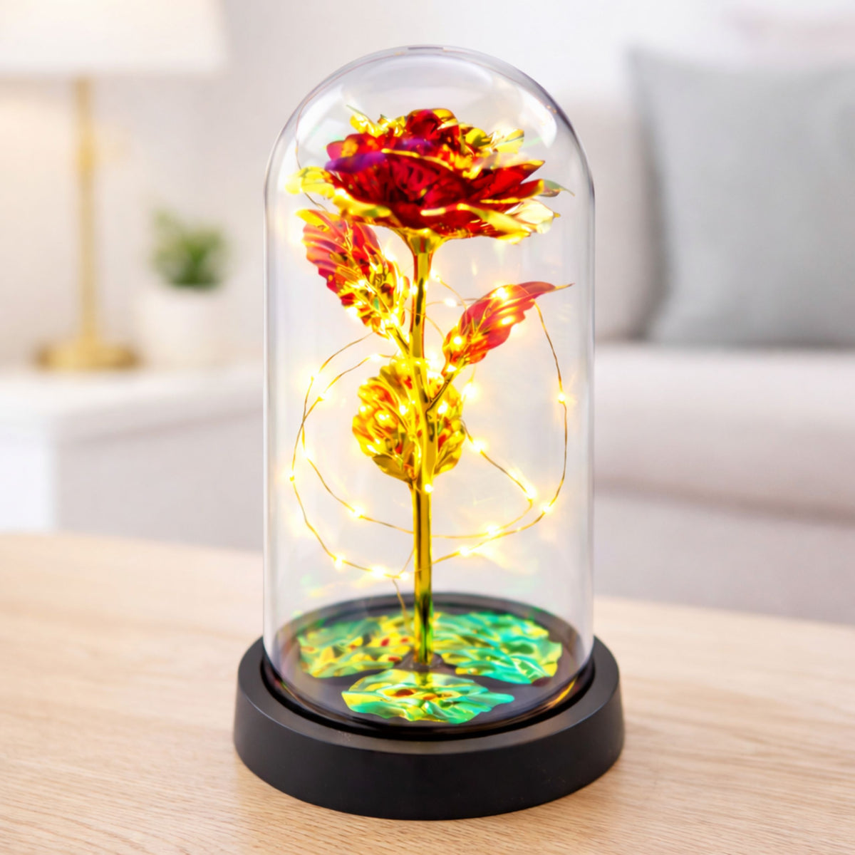 Eternal Rose In Glass Crystal Dome Led Lighting Red 21x11cm