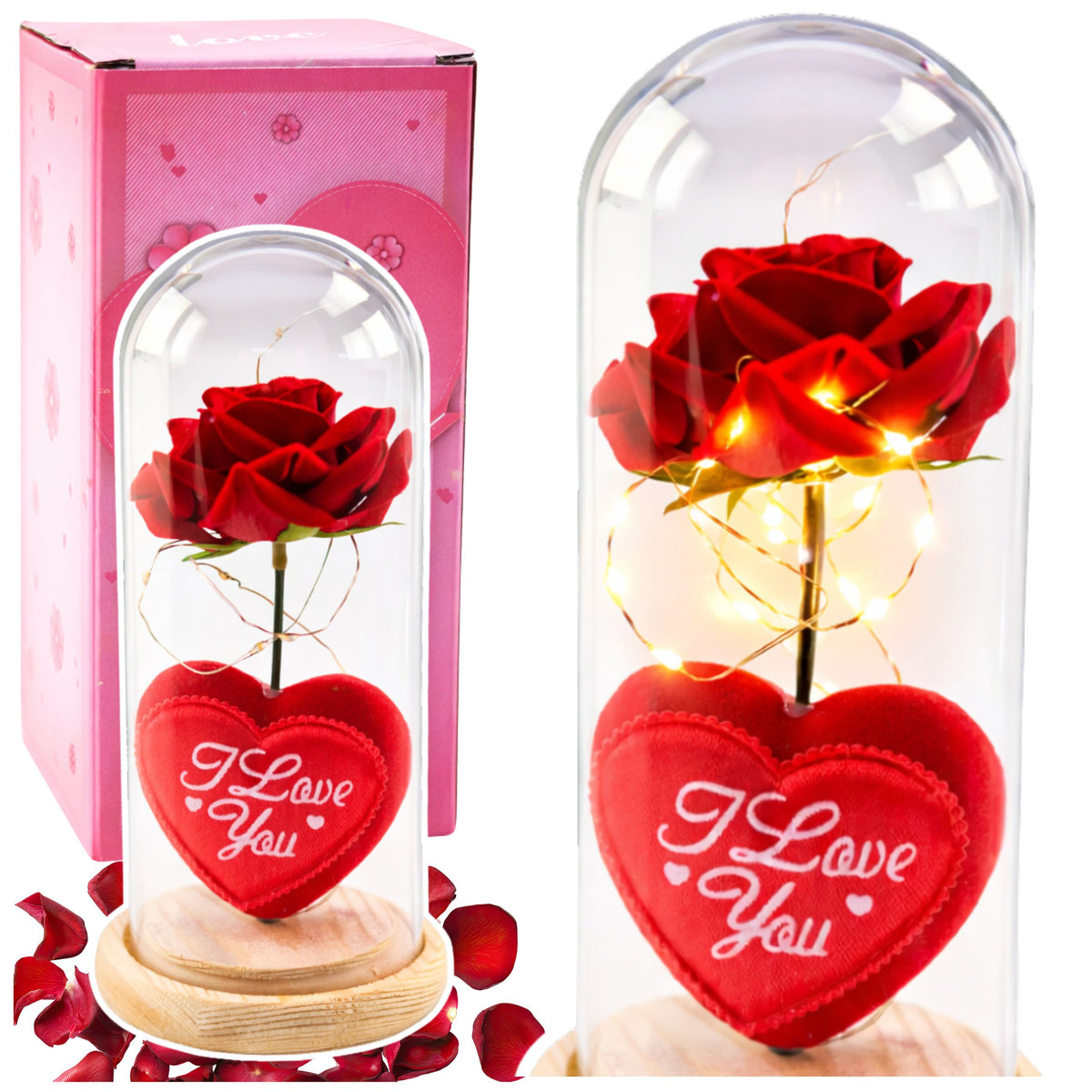 Ewige Rose in Kuppel mit LED-Beleuchtung, rot mit Herz, 18,5 x 8 cm