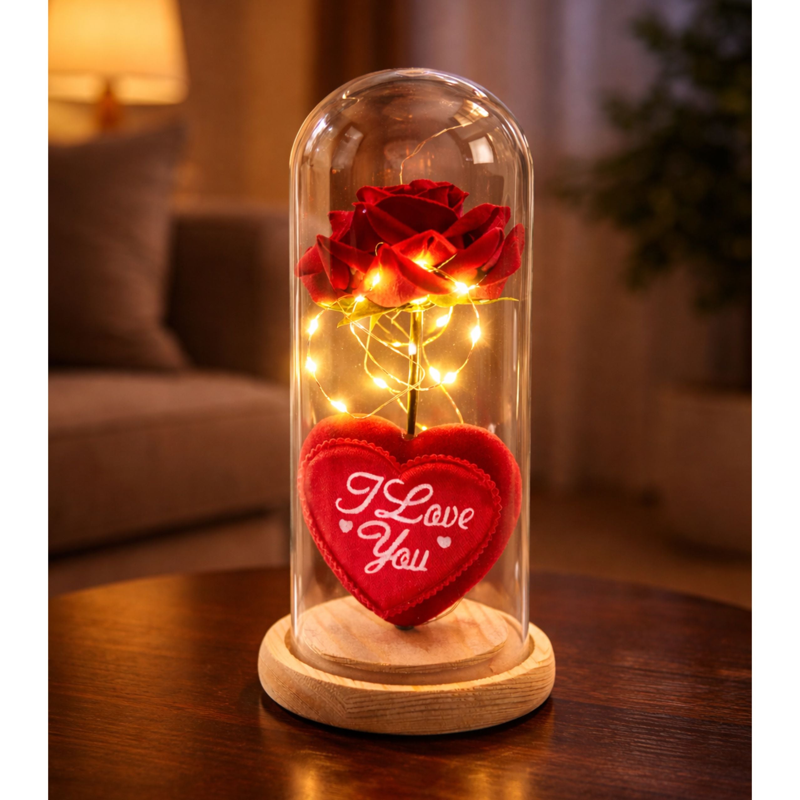 Eternal Rose In Dome With Led Lighting Red With Heart 18.5x8cm