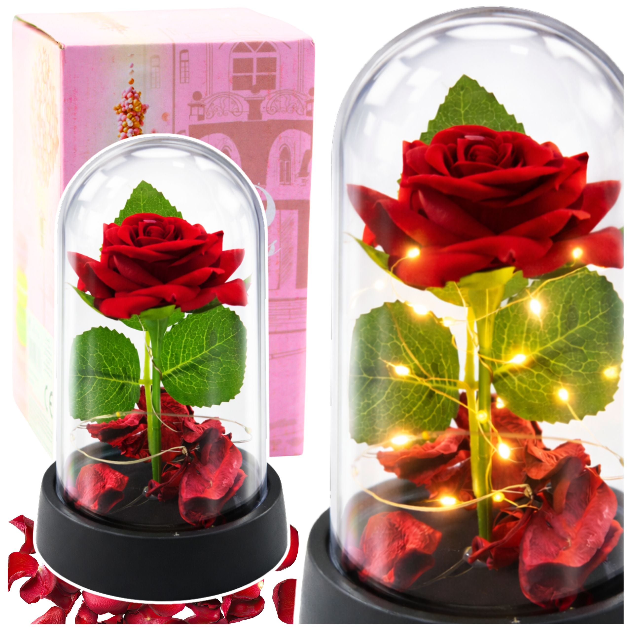 Eternal Rose In Dome With Led Lighting Red With Rose Petals 14x8cm