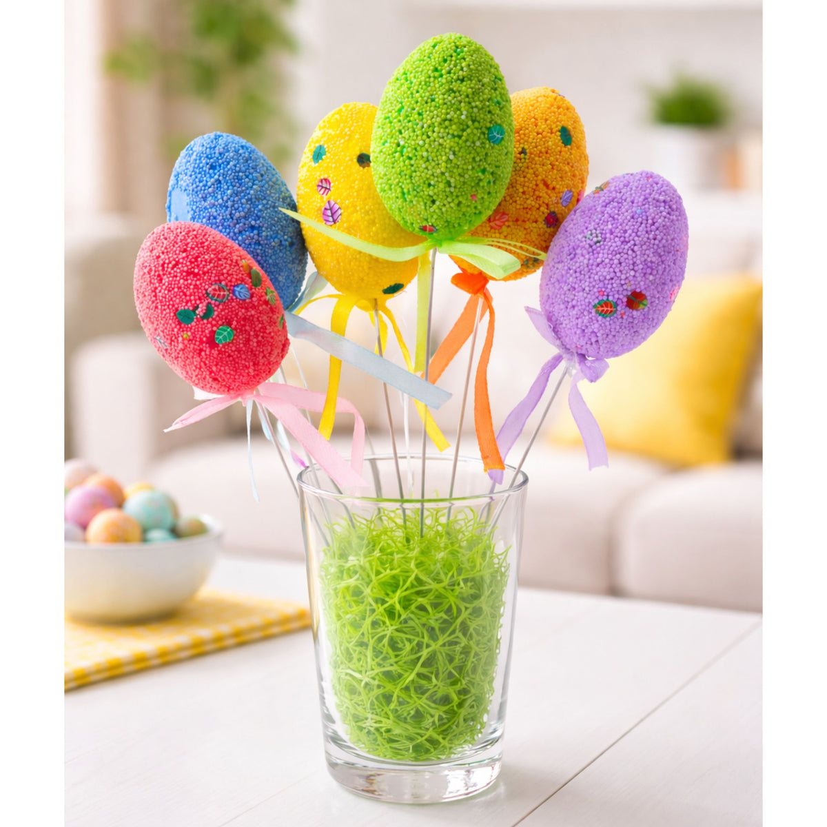 Easter Eggs On Wire Pick Colorful Leaves Ribbon Decoration 6pcs