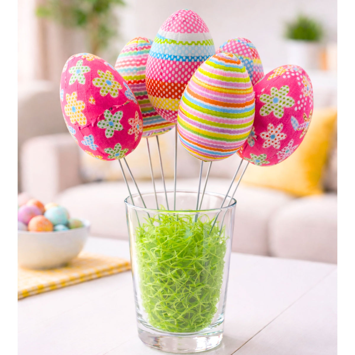 Easter Eggs On Wire Pick Dots Flowers Stripes Decoration Colorful 6pcs