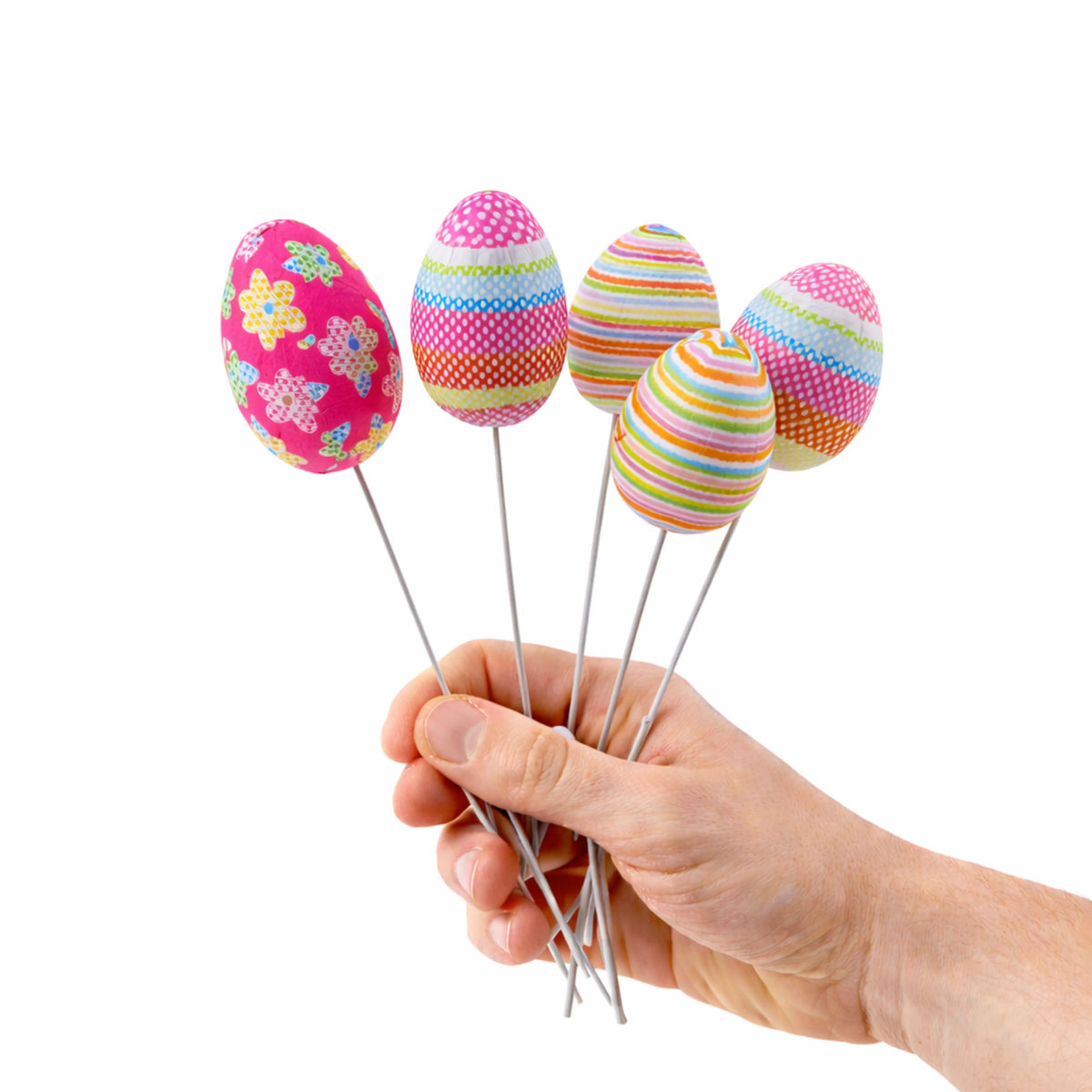Easter Eggs On Wire Pick Dots Flowers Stripes Decoration Colorful 6pcs