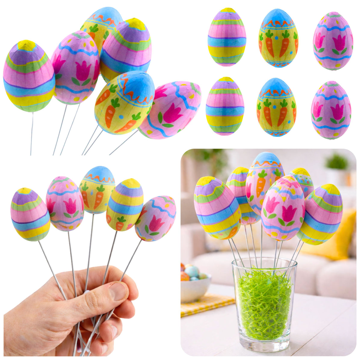 Easter Eggs On Wire Pick Carrot Tulips Decoration Colorful 6pcs