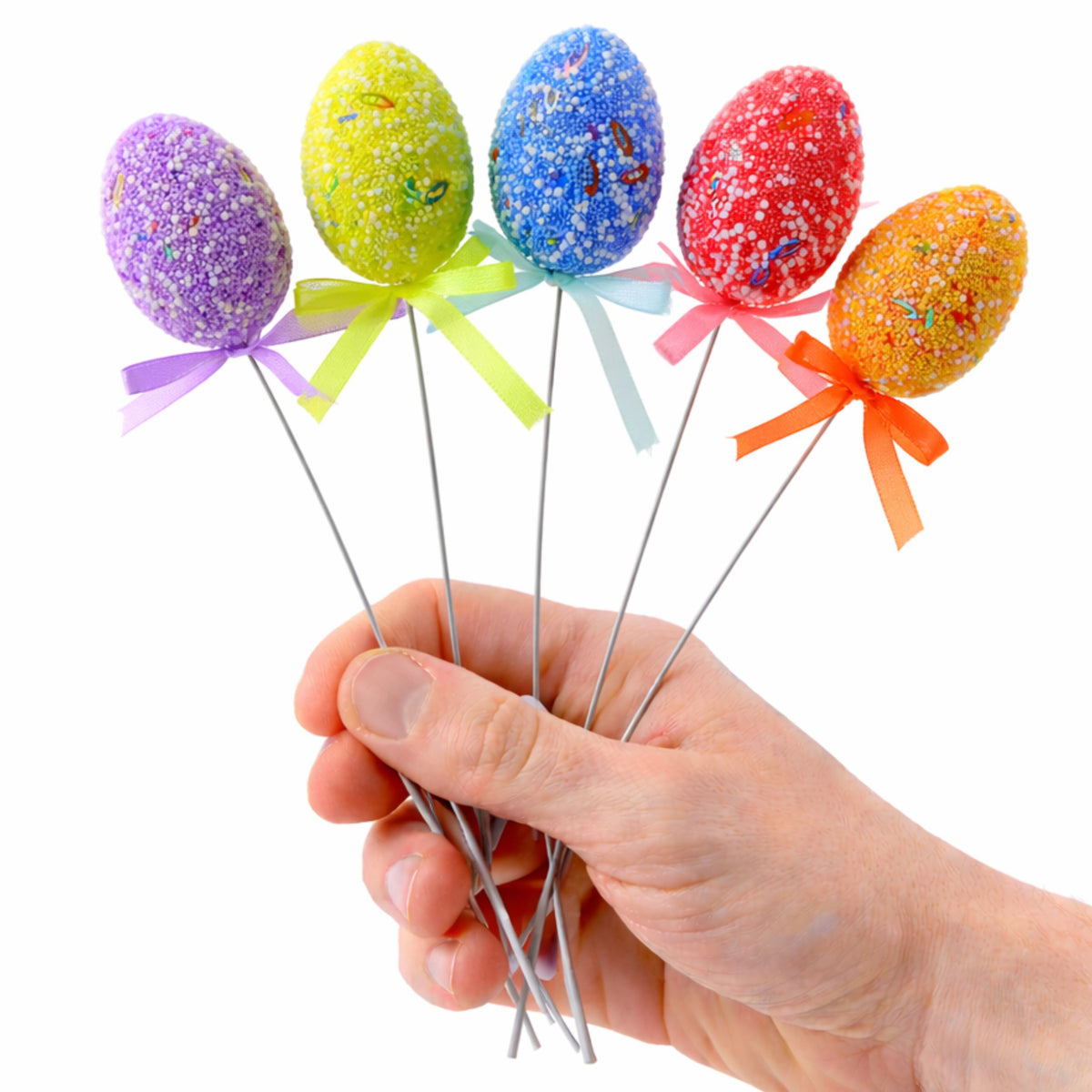 Easter Eggs On A Wire Pick Colorful Patterns Ribbon Decoration 6pcs A